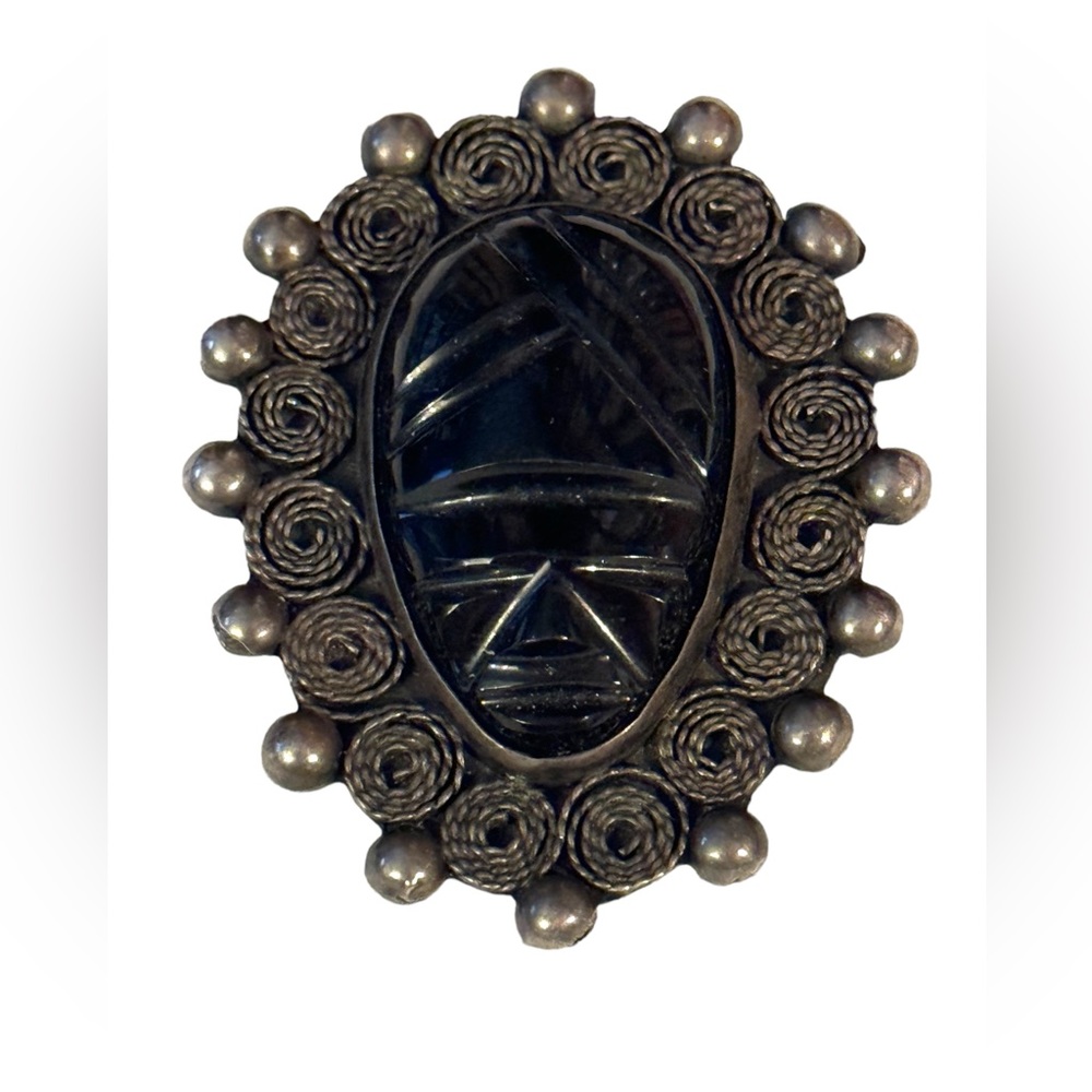 Vintage 1940s Mexico Sterling silver Mayan Aztec Face carved obsidian brooch